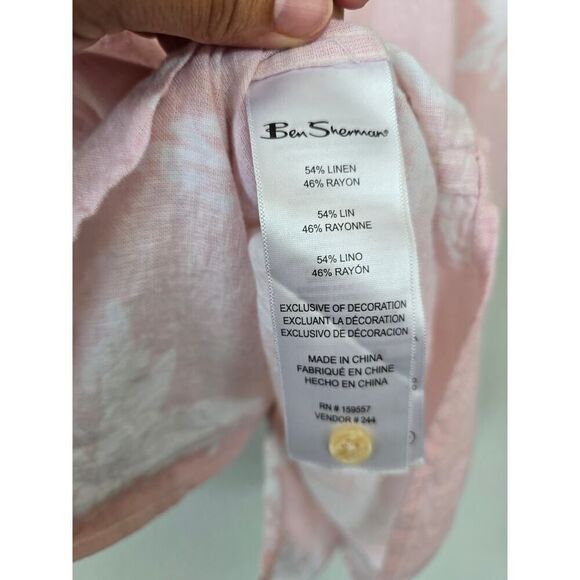 Ben Sherman Linen Rayon Shirt L Pink White Tropical Button Down Men's Summer - Picture 6 of 8